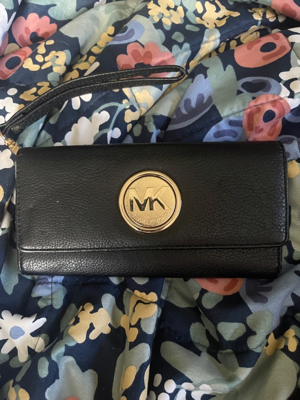 Michael Kors Black Leather Wristlet with Gold MK Medallion